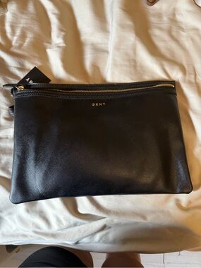 DKNY Black Leather Wristlet Clutch with Gold Accents